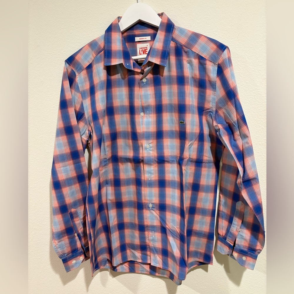 Lacoste L!VE Plaid Button Down Shirt Skinny Fit Men’s Size 42 / M